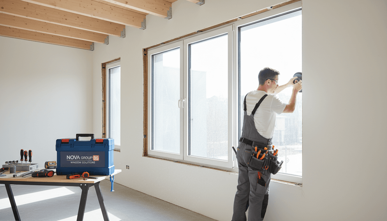Professional tradesperson installing a modern window in a sunlit workspace