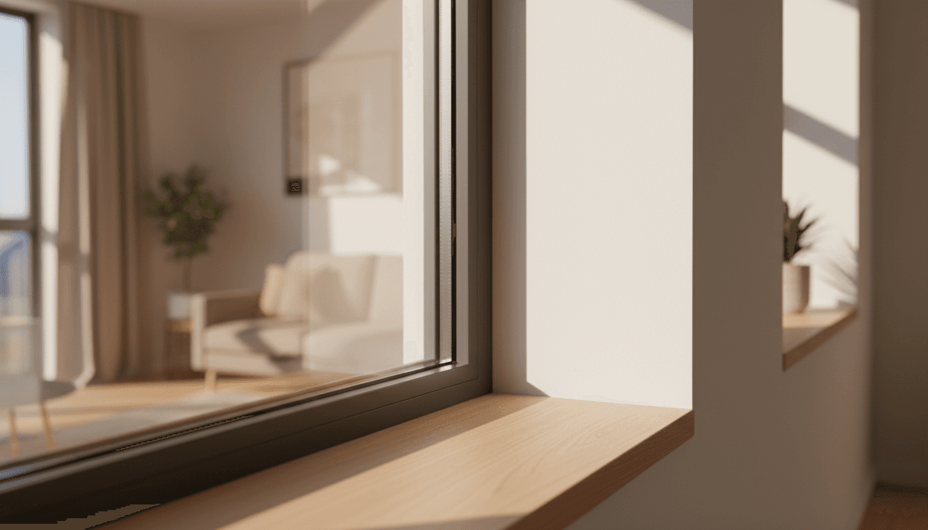 Modern window installation with morning sunlight streaming through the glass
