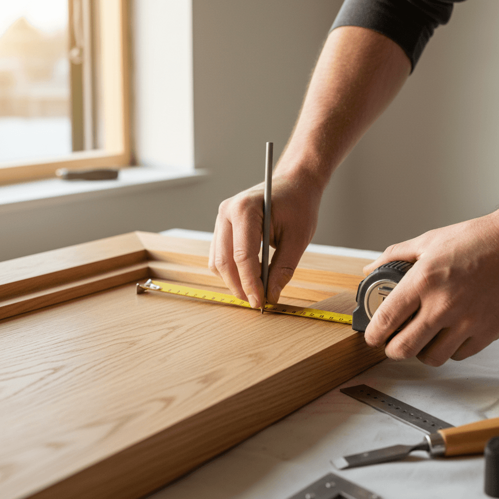 Professional window installer measuring a residential window frame with precision