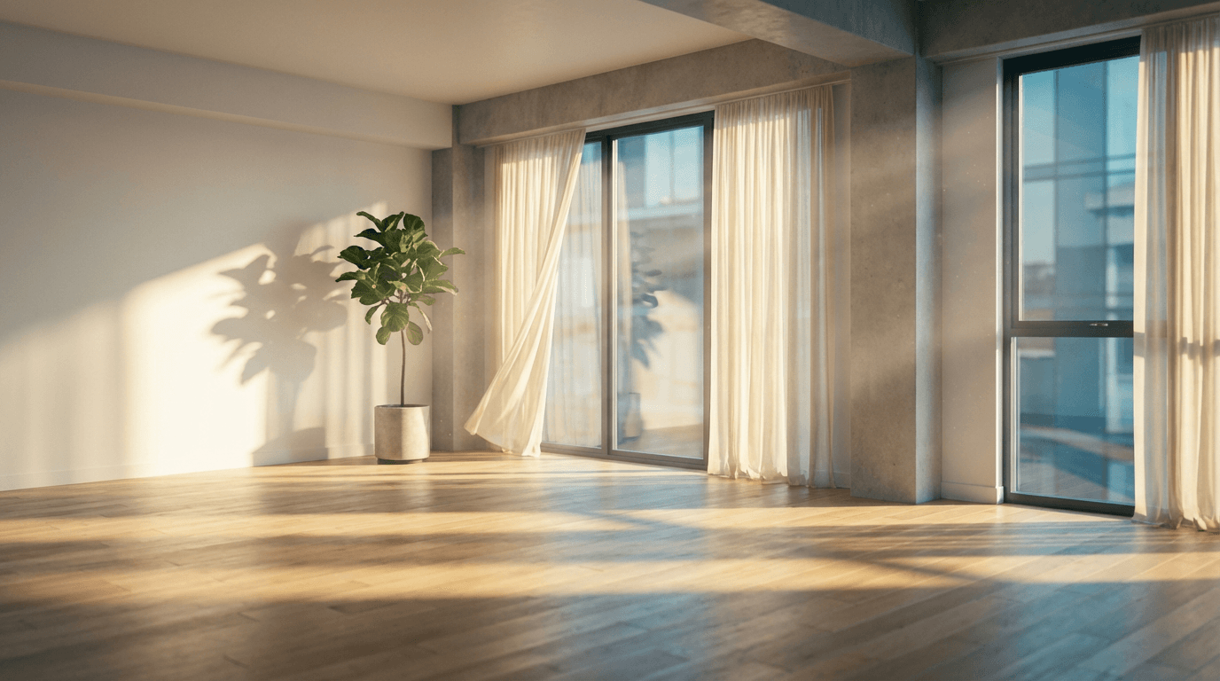 Modern apartment windows with natural light flooding the living room